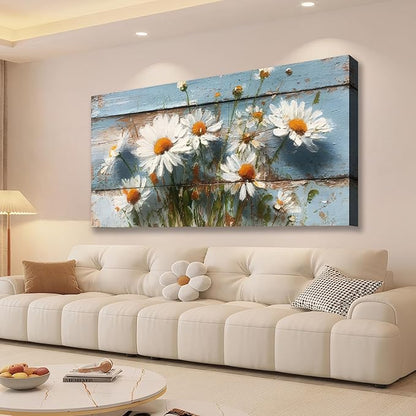 JLXART White Daisy Flowers Large Wall Art 30x58inch Canvas Decor Watercolor Floral Prints on Wood Background Pictures for Kitchen Bathroom Home