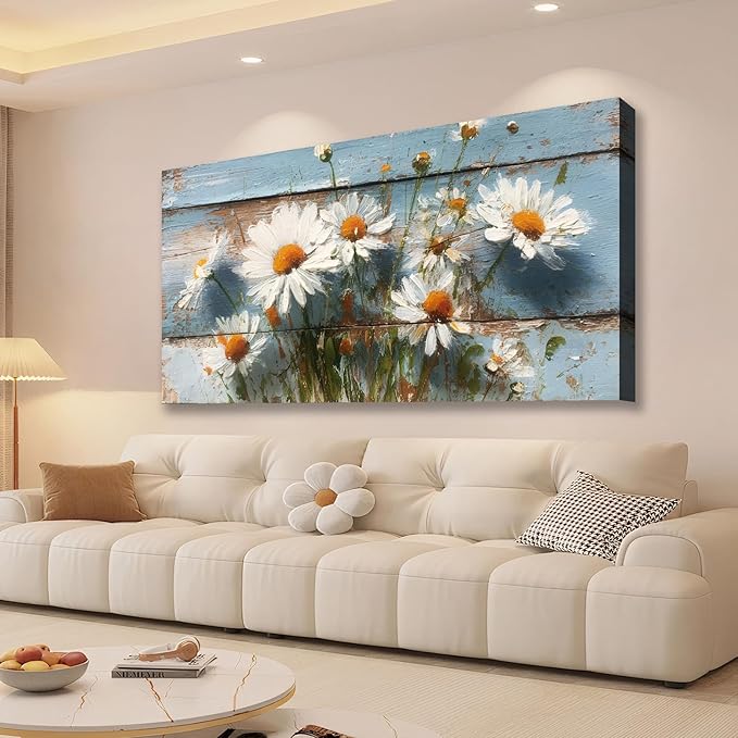 JLXART Watercolor Flowers 24x48inch Wall Art Canvas Decor White Daisy Floral Wood Background Prints Pictures for Kitchen Bedroom Home