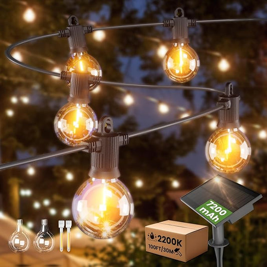 ZOTOYI Solar String Lights Outdoor Waterproof IP65 100FT with USB Port and 50+2 Shatterproof G40 Bulbs, Up to 8-12 Hours for Using, LED Solar Powered Patio Lights for Outside, Patio, Porch, 2200K