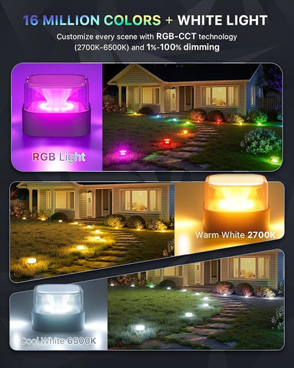 REYLAX 100FT Outdoor Ground Lights 30 Pack, RGB+IC Garden Lights with Warm and Cool White, IP67 Waterproof Pathway Light, Music Sync, Timing, App & Remote Control, Works with Alexa Google Assistant