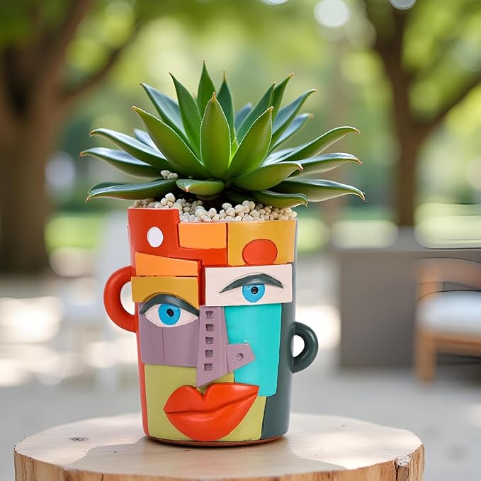 XMGZQ Abstract Cubism Face Planter,Pop Art Sculpture & Vase Decor,Unique Picasso Style Flower Pot,for 4-6 Inch Succulents & Houseplants,Drainage Hole Included,Statement Gift (Mid-Century)