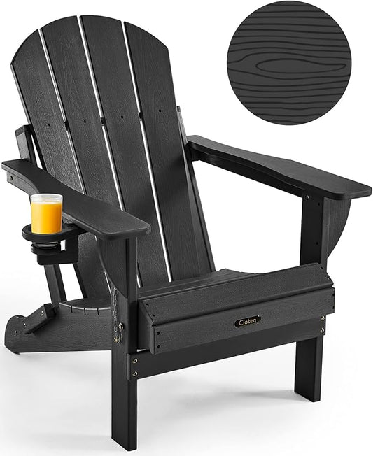 Ciokea Folding Adirondack Chair Wood Texture for Patio, Weather Resistant, Plastic Fire Pit Chair with Cup Holder, Lawn Chair for Outdoor Porch Garden Backyard Deck (Black)