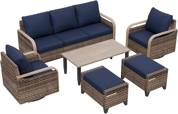 Modern Wicker Patio Furniture Set, Rattan Outdoor Conversation Set with Comfortable Cushions, 2 Swivel Rocking Chairs, 3 Seat Couch, 2 Ottomans and Coffee Table, 6 Pieces, Brown/Blue