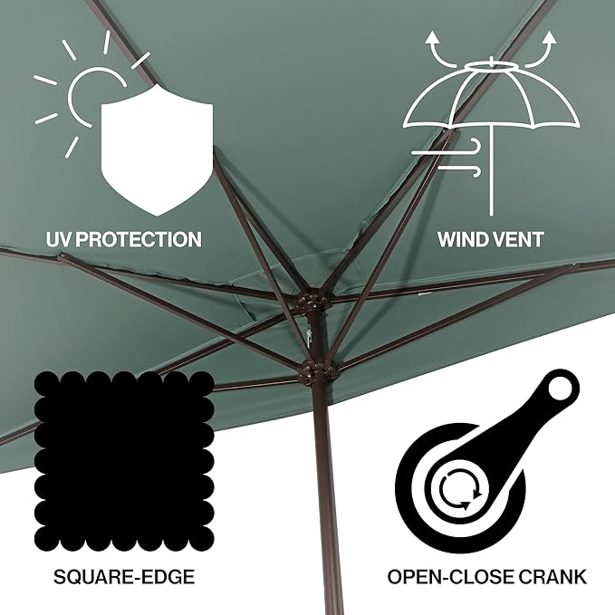 JONATHAN Y Half Umbrella UMB1200E Sidney 9 ft. Classic MidCentury Rectangular Market Patio with Crank, Wind Vent and UV Protection in Green/White