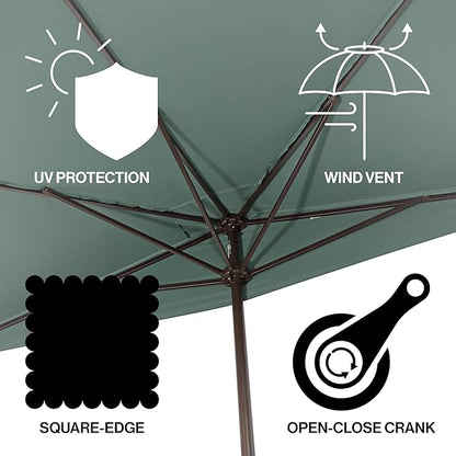 JONATHAN Y Half Umbrella UMB1200E Sidney 9 ft. Classic MidCentury Rectangular Market Patio with Crank, Wind Vent and UV Protection in Green/White