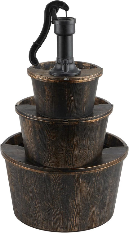 Alpine Corporation 40" Tall Outdoor Floor Tiered Rustic Pump and Barrel Water Fountain, Old-Fashioned Waterfall for Garden, Patio, Yard Decor, Dark Brown