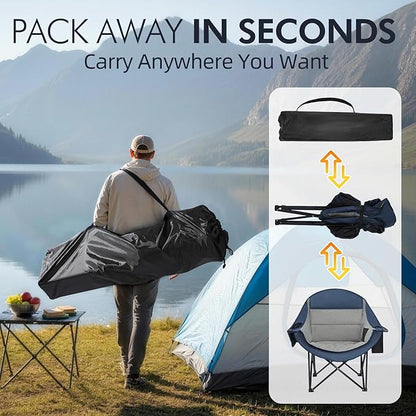 Oversized Camping Chairs for Adults - Heavy Duty Padded Outdoor Folding Lawn XL Camp Chair with Cup Holder Cooler Pockets for Sports Beach Fishing Garden Portable Supports 500lbs, Blue/Grey