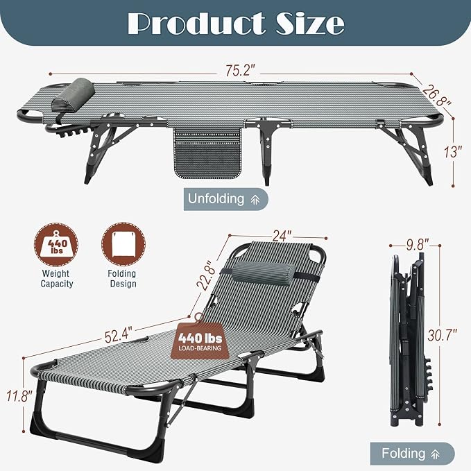 DoCred Heavy Duty Chaise Lounge Chair, Adjustable 5-Position Folding Chaise Lounge Chairs for Outside, Portable Lay Flat Beach Lounge Chair for Outdoor Sunbathing Beach Pool Lawn Camping