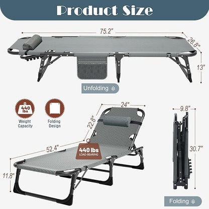DoCred Heavy Duty Chaise Lounge Chair, Adjustable 5-Position Folding Chaise Lounge Chairs for Outside, Portable Lay Flat Beach Lounge Chair for Outdoor Sunbathing Beach Pool Lawn Camping