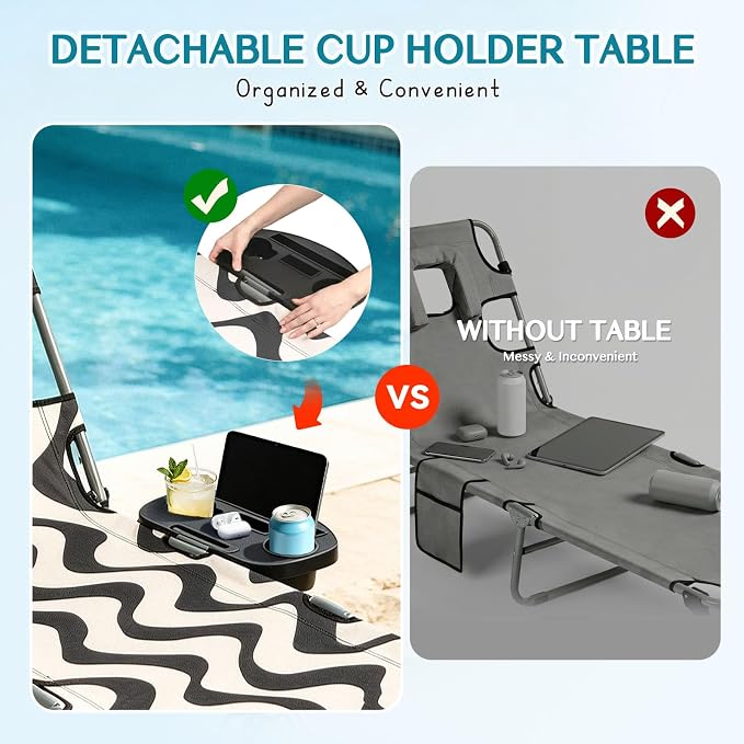 Tanning Chair with Face Hole for Adults, Outdoor Folding Lounge Chair with Side Table for Phone Drinks and Tablet, 4 Position Adjustable Backrest, Lay Flat Chaise Lounger for Beach Patio Pool