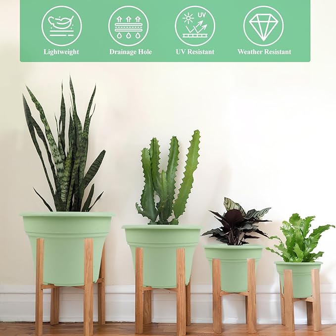 Pottiffe 16 inch Plastic-Flower-Pot-for-Indoor-Plants, 4 Pack Large Outdoor Planter Pot with Drainage Holes & Saucers, Resin Decorative Garden Pots Planters