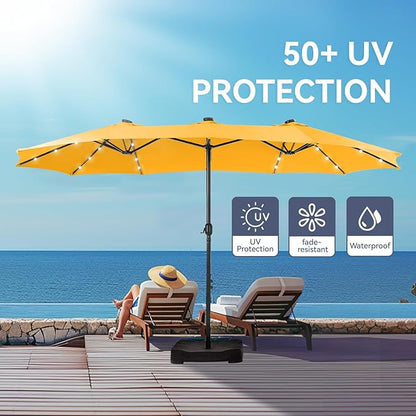 GREEN PARTY 15 ft Rectangle Patio Umbrella with Solar Lights and Base Included, Double-Sided Market Table Umbrella with Crank, Large Outdoor Umbrellas for Patio Poolside Garden Backyard, Gold Yellow