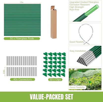 Joyhalo Garden Hoops for Raised Beds, 50pcs (10 Sets) Fiberglass Hoops with PVC Coating, DIY Greenhouse Tunnel for Row Cover, Bird Netting & Plant Protection, Extend Growing Season