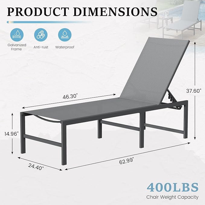 UDPATIO Chaise Lounge Chair Patio Pool Lounge Chair Outdoor with 5 Position Adjustable Backrest Poolside Sunloungers Lay Flat Sunbathing Chaise with Backrest for Patio, Beach, Yard, Pool(Gray)