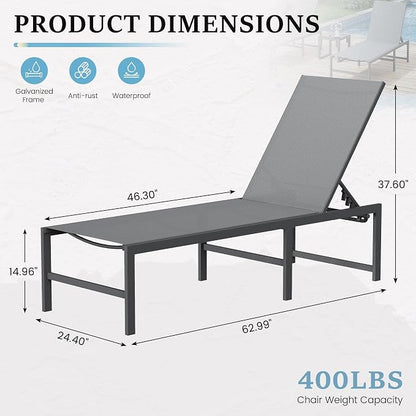 UDPATIO Chaise Lounge Chair Patio Pool Lounge Chair Outdoor with 5 Position Adjustable Backrest Poolside Sunloungers Lay Flat Sunbathing Chaise with Backrest for Patio, Beach, Yard, Pool(Gray)