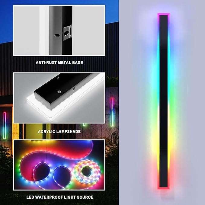 2PCS 47" RGBW LED Long Wall Light Outdoor, Black Led Wall Sconces, IP66 Waterproof Lighting, Exterior Light Fixtures Wall-Mount, APP Control for Outdoor/Indoor Party Gathering