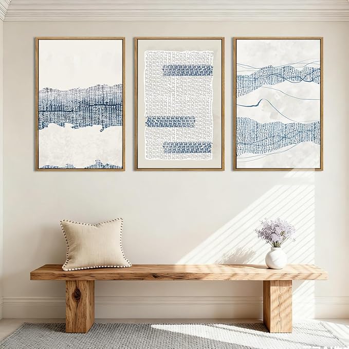 IARTTOP Large Blue Coastal Framed Wall Art 16x24 Inch White Abstract Boho Art Prints Minimalist Modern Artworks for Living Room Bedroom Dining Room Set of 3