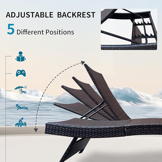Folding Patio Chaise Lounge (Set of 1 Chair), Foldable Long Reclining Patio Seating Chairs, Outdoor Wicker Lounge Chair, Rattan Chaise Lounge Lawn Sunbathing Chairs Beach Pool Backrest Recliners