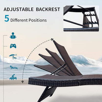 Folding Patio Chaise Lounge (Set of 1 Chair), Foldable Long Reclining Patio Seating Chairs, Outdoor Wicker Lounge Chair, Rattan Chaise Lounge Lawn Sunbathing Chairs Beach Pool Backrest Recliners