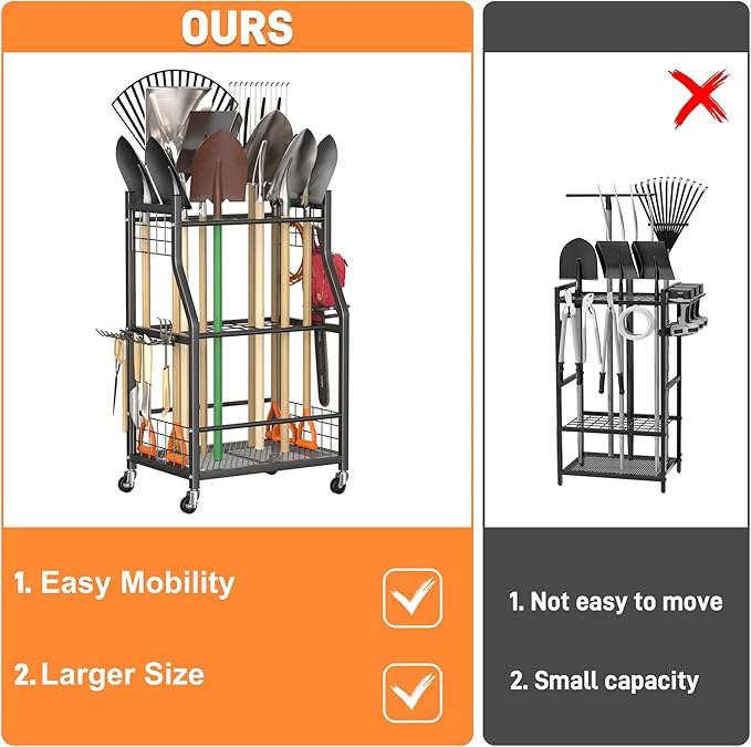 TORACK Garden Tool Organizer with Wheels, Rakes Shovels Yard Tools Stand for Garage, Shed, Garden, Indoor/Outdoor Long-Handled Tools Cart(Mid-size)