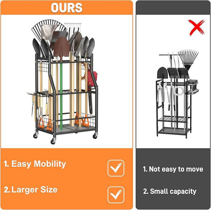 TORACK Garden Tool Organizer with Wheels, Rakes Shovels Yard Tools Stand for Garage, Shed, Garden, Indoor/Outdoor Long-Handled Tools Cart(Mid-size)