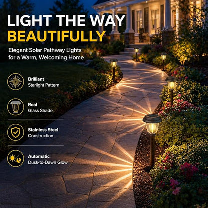 DERAYSION 8 Pack Solar Lights Outdoor, Stainless Steel Glass Solar Pathway Lights, Auto On/Off Long-Lasting Waterproof Garden Lights for Landscape, Path, Yard, Driveway, Walkway Decor (Warm White)