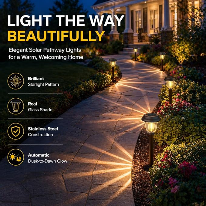 Solar Lights Outdoor, 6 Pack Metal Solar Pathway Lights, Heavy Duty Stainless Steel & Glass, Auto On/Off Waterproof Garden Lights for Driveway Landscape Walkway Yard Outdoor Decor (Warm White)