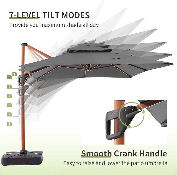 JZAC & QZYD 10 X 13 FT Patio Umbrella with Base, Outdoor Cantilever Offset Rectangle Heavy Duty Umbrellas with 360° Rotation Double Top and Deluxe Wood Grain for Pool Deck Backyard Garden, Gray