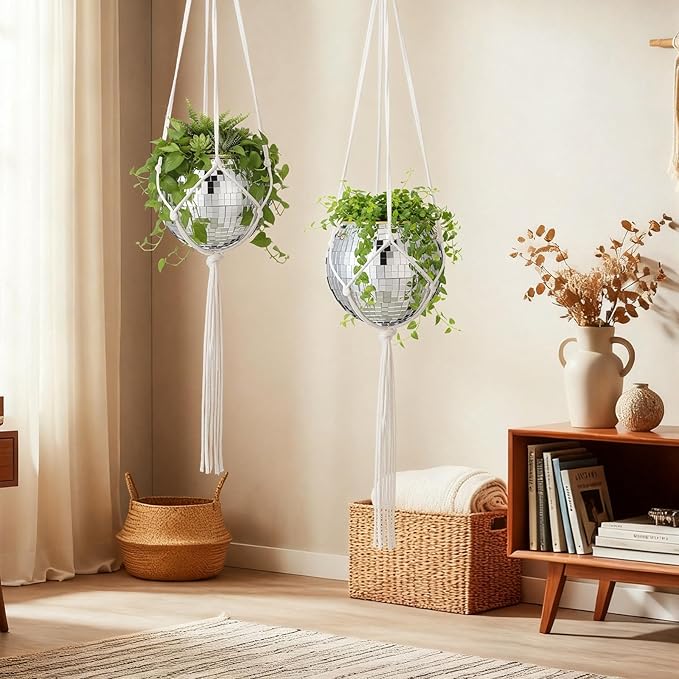 Novabright 2 Pcs 6" Self Watering Disco Ball Planters, Mirror Disco Ball Hanging Planter Flower Pots with Chain and Rope, Self Watering Insert, Wooden Hook for Stand for Desk and Extra Mirror Pieces