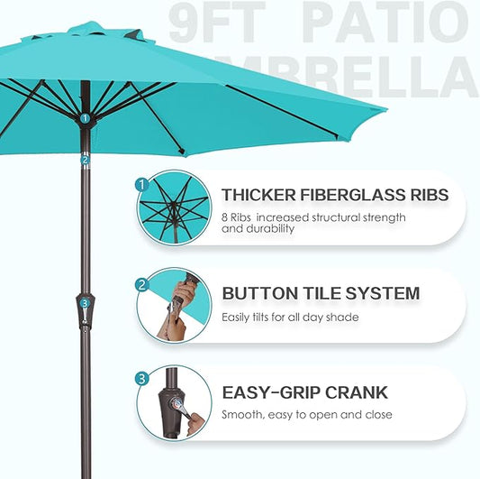PatioKingdom 9FT Patio Outdoor Umbrella-UPF 50+ Sun Shade with Wind Vent, Push-Button Tilt & Smooth Crank Lift, Rust-Resistant Fiberglass Frame for Garden, Backyard,Yard (Peacock Blue, 9FT)