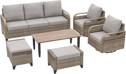 COOS BAY Modern Wicker Outdoor Furniture Set, Patio Conversation Set with Swivel Rockers, 3 Seat Couch, Ottomans, and Coffee Table, 6 Piece, Brown/Gray