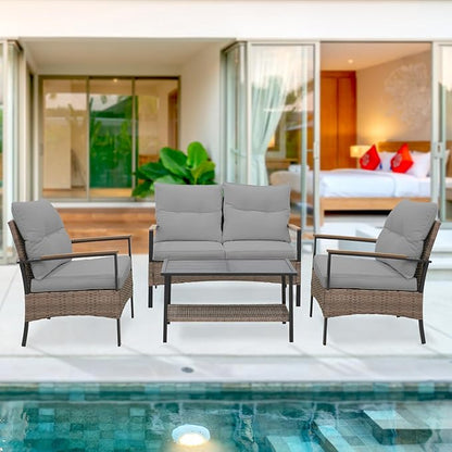 EAGLE PEAK 4 Piece Mojave Dusk Outdoor Conversation Set, Patio Wicker Furniture, Loveseat, 2 Patio Chairs and Coffee Table, Brown/Gray