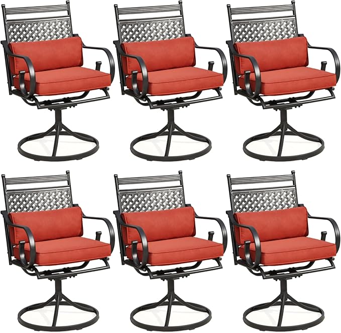 MELLCOM Patio Swivel Chair Set of 6, Heavy Duty Outdoor Dining Chairs with Cushions and Lumbar Pillows, Metal Patio Chairs Gentle Rocker for Outside, Garden Lawn & Porch, Backyard, Red