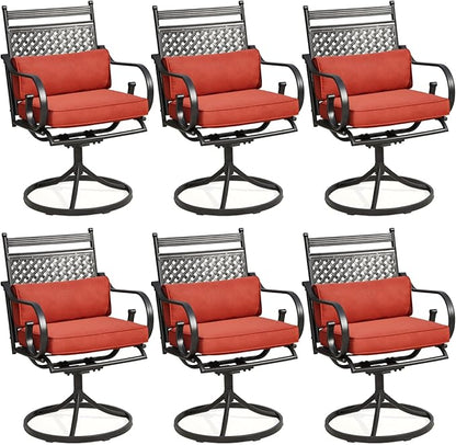 MELLCOM Patio Swivel Chair Set of 6, Heavy Duty Outdoor Dining Chairs with Cushions and Lumbar Pillows, Metal Patio Chairs Gentle Rocker for Outside, Garden Lawn & Porch, Backyard, Red