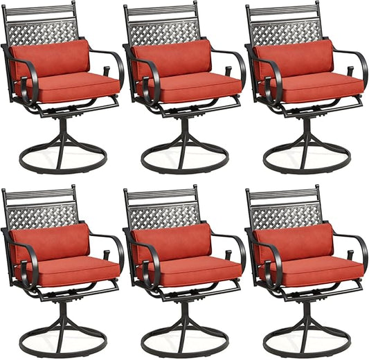 MELLCOM Patio Swivel Chair Set of 6, Heavy Duty Outdoor Dining Chairs with Cushions and Lumbar Pillows, Metal Patio Chairs Gentle Rocker for Outside, Garden Lawn & Porch, Backyard, Red