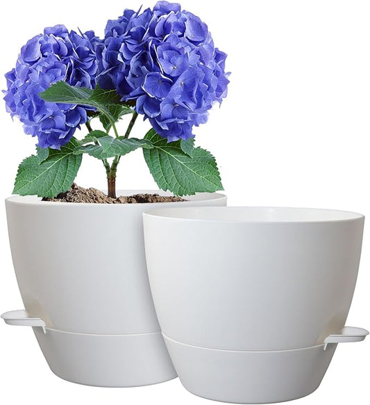 WSMKSZ 8 inch Self Watering Pots, Planter, Plant Pots with Mesh Drainage Holes for Indoor Outdoor House Plants and Garden, 2 Pack Plastic Flower Pots with Deep Reservoir for Patio Porch, White