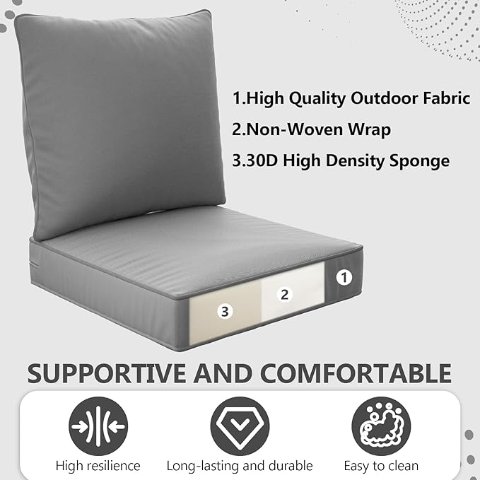 22" x 22" x 6" Outdoor Deep Seat Cushions Set - 2 Set Waterproof & Fade Resistant Patio Furniture Replacement Cushions, Non-Slip Outdoor Cushions Fit Loveseats, Couches, Chairs, and Sofas.