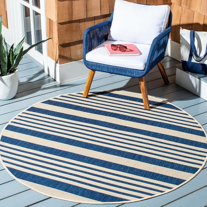 SAFAVIEH Washable Rug Outdoor Courtyard Collection - 5'3" Round, Navy & Beige, Non-Shedding & Easy Cleaning, Ideal for Patio, Backyard, Mudroom (CY6062-268)