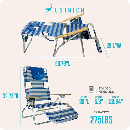 Ostrich the Original 3N1 Lightweight Beach Reclining Lounge Chair with Footrest, Outdoor Furniture for Patio, Balcony, Backyard, or Porch, Blue Stripe