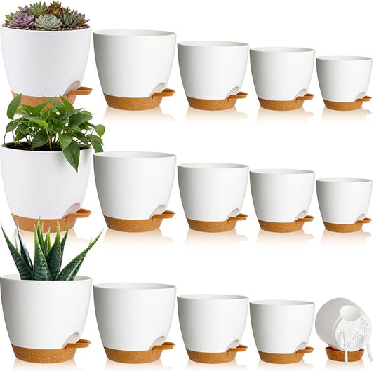 Remerry 15 Pcs 7/6.5/6/ 5.5/5 Inch Self Watering Planters with Drainage Hole Plant Pots Plastic Flower Pots Self Watering Pot and Saucer Reservoir for Garden Plant Flower (White)
