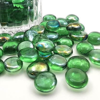 Flat Glass Marbles 1 Pound Vase Filler Fire Pit Glass Pebbles for Indoor Plants, Aquarium Fish Tank Decorations, Home Decor, Fire Pit, Landscaping, Arts Crafts (Green)