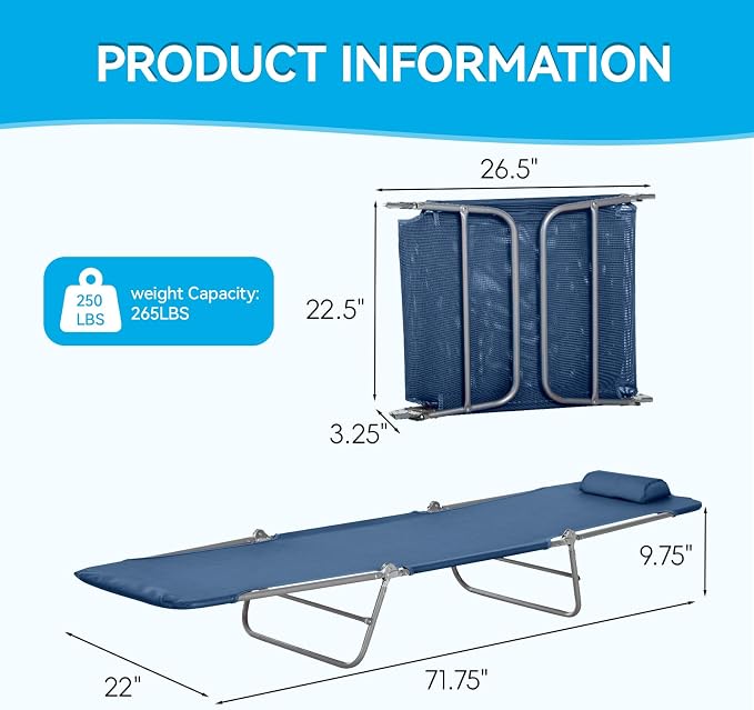 Outdoor Chaise Lounge with Detachable Pillow, Reclining Folding Chair with 5-Position Adjustable Back, Portable Tanning Chair for Beach, Pool, Lawn, Breathable Mesh Seat, No Assembly