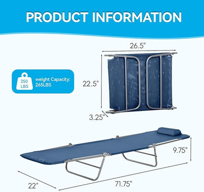 Outdoor Chaise Lounge with Detachable Pillow, Reclining Folding Chair with 5-Position Adjustable Back, Portable Tanning Chair for Beach, Pool, Lawn, Breathable Mesh Seat, No Assembly