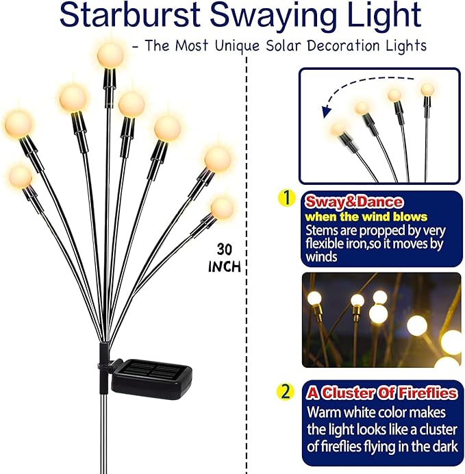 TONULAX Solar Garden Lights - Upgraded Solar Swaying Light, Sway by Wind, Outdoor Lights, Yard Patio Pathway Decoration, High Flexibility Iron Wire & Heavy Bulb Base, Warm White(12 Pack)
