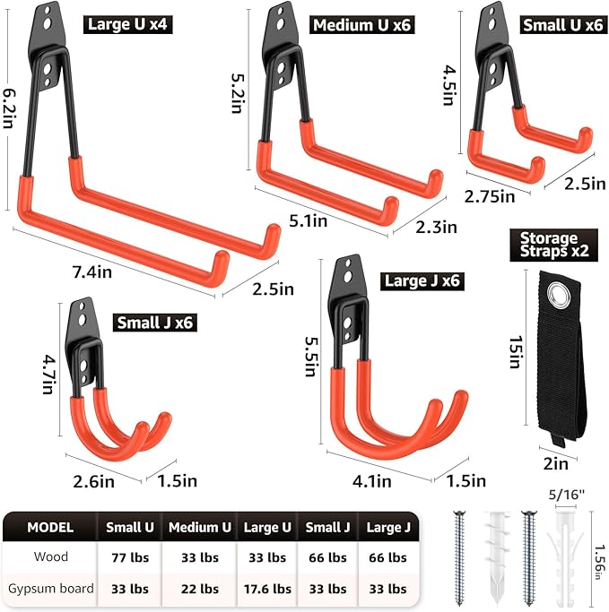 30 Pack Garage Hooks, Heavy Duty Steel Wall Mount Utility Hangers with Anti-Slip Coating for Hanging Bikes, Ladders, Power Tools, and Garden Equipment