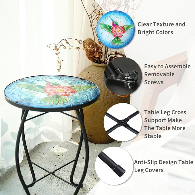 VCUTEKA Patio Side Table Outdoor Accent Table Bistro Coffee Table Plant End Table Small Porch Table Indoor Round Glass Balcony Plant Table Stands Hummingbird 14''