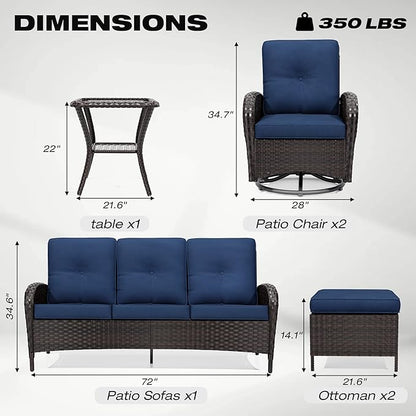 Joyside 6 Piece Patio Furniture Set, Outdoor Wicker Conversation Sets with Swivel Rocker Chairs and Sofa, Thick Cushion, Rattan Patio Sectional for Porch, Deck Use (Brown/Blue, 6 PCS)