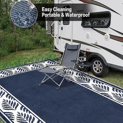 HUGEAR Outdoor Plastic Straw Rug, Waterproof Mat, Washable Large Floor Mat and Rug for Outdoors, RV, Beach, Patio, Camping, Backyard, Deck, Picnic,Indoor Outside (8x10ft,Olive-Leaf/Dark Blue&White)