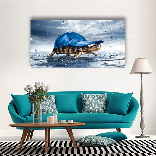 Haichuang Decor Art Funny Turtle Canvas Wall Art 40x20 Inches Framed Turtle with Blue Cap Wall Decor Wood Frame Waterproof HD Giclee Print Ready to Hang Humor Animal Artwork for Living Room Bedroom Bathroom