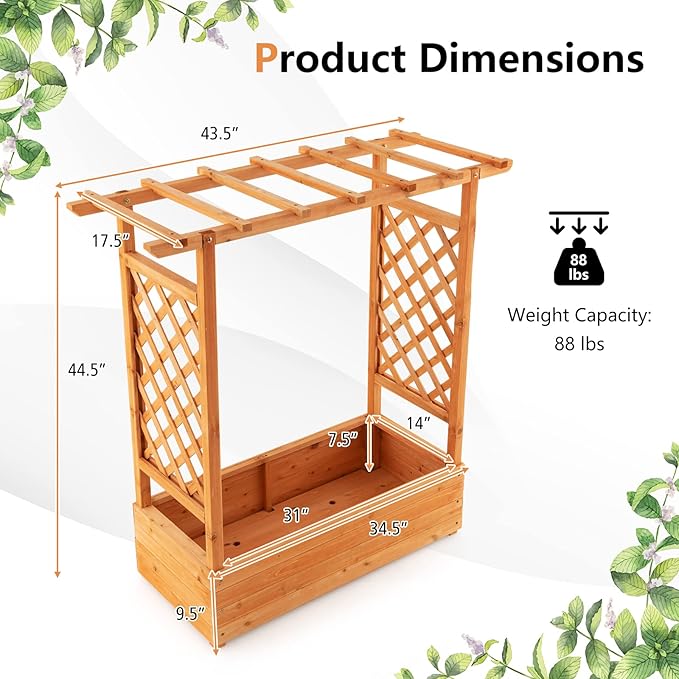 S AFSTAR Raised Garden Bed with Arch Trellis, Wood Planter Box with Hanging Roof, Side Trellis, 4 Drainage Holes, Above Ground Elevated Garden Bed for Outdoor Climbing Plants Vines Patio